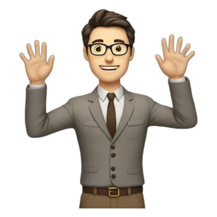 To belt Actively gesturing with hands Okay Pale skinned fit man with dark brown hair in gray jacket, beige office shirt, brown tie, brown pants and vintage glasses. sticker
