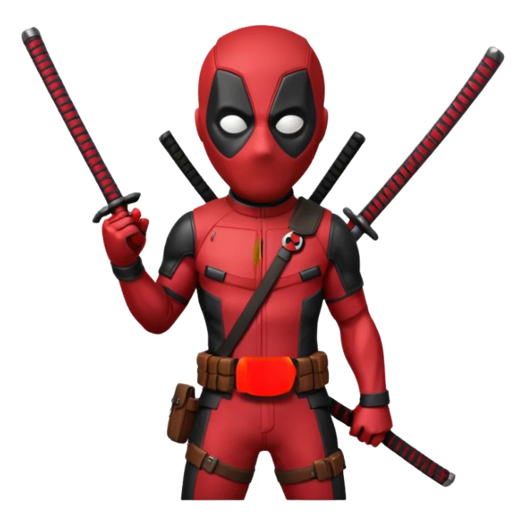 Deadpool in classic red and black suit, holding katanas, playful expression sticker