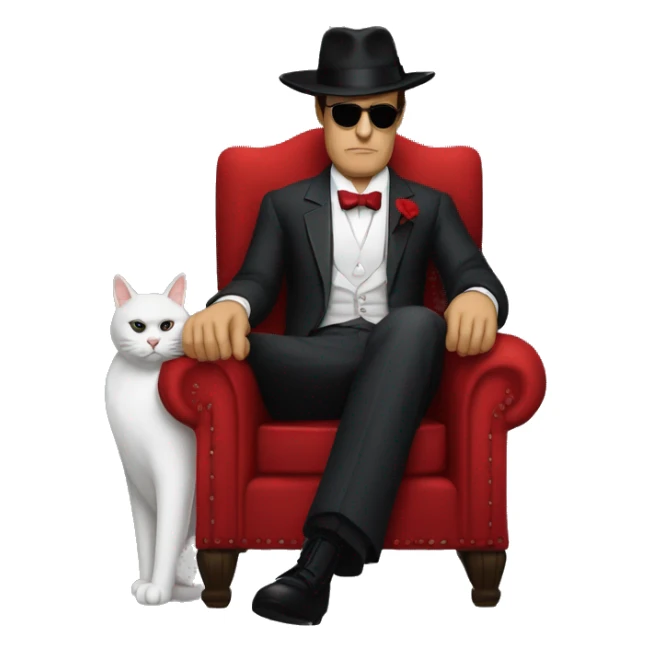 don corleone as a mafia boss sitting on a red chair while petting a white cat on his lap sticker