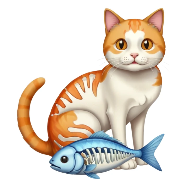 cat full body sitting with fish skeleton in mouth sticker