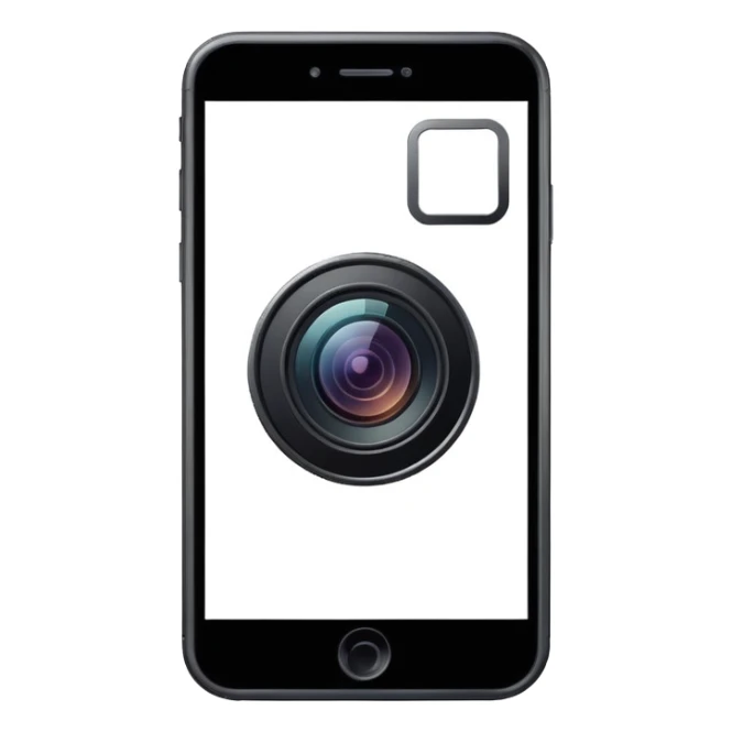 Minimalistic flat vector icon, iOS style, thin black contour on white background. Smartphone with a camera lens symbol. No text, no shadows.
 sticker