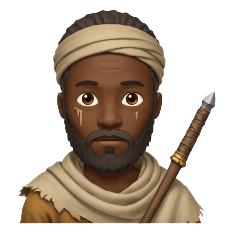 African ancient man, tattered cloth with raw stick weapon, beard and bold sticker