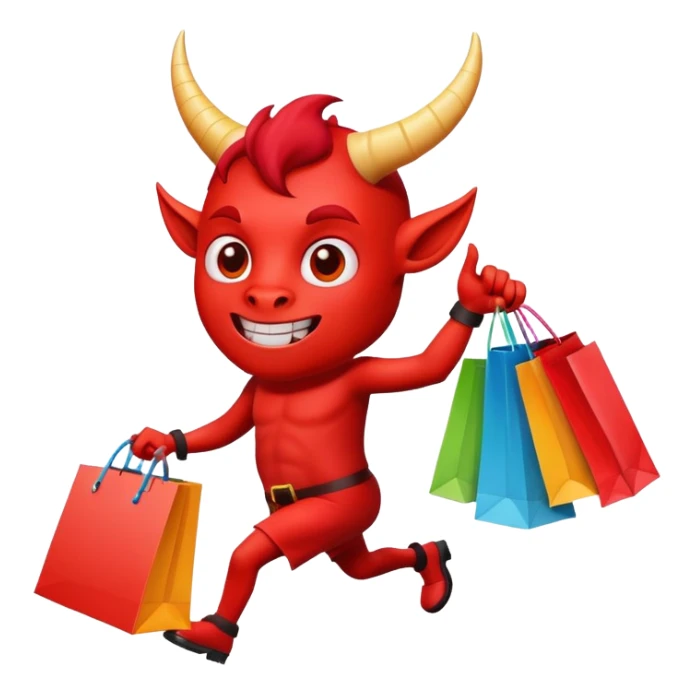 Red devil with horns carrying colorful shopping bags sticker