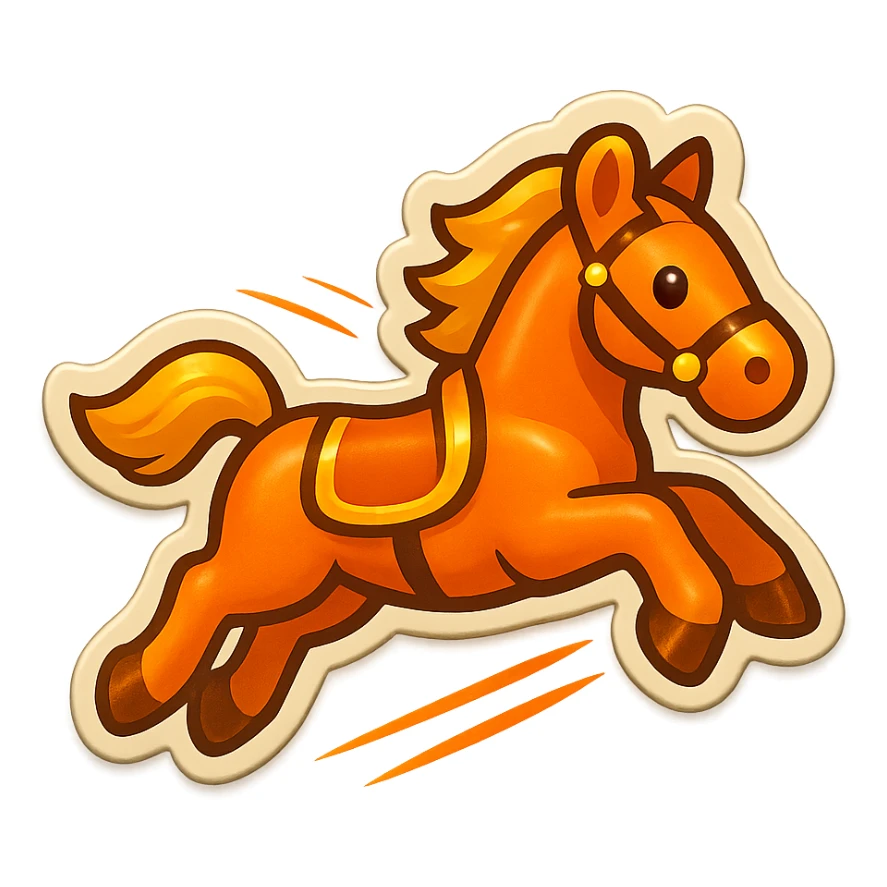 Create a cute emoji style illustration of a Hermès-style horse jumping with a modern design featuring orange and gold details. Include motion lines to show movement. Use a white or transparent background. sticker
