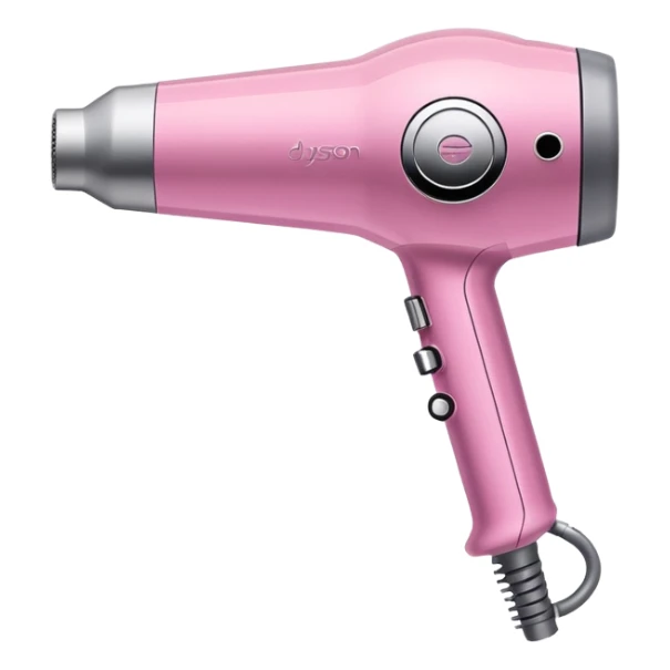 A pink Dyson Supersonic hair dryer, slight angle, realistic style, Features the distinctive hollow circular head with the barrel running through the center, sleek modern design, glossy pink finish with metallic silver accents on the nozzle ring.  sticker