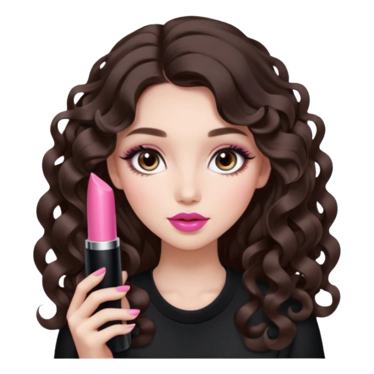 A girl with long dark brown hair styled in loose 36mm curls, beautiful round-almond eyes with long curled lashes in Douyin style. Her makeup is cool-tone neutral. She’s holding a pink lipstick similar to Rhode’s shade in one hand. sticker