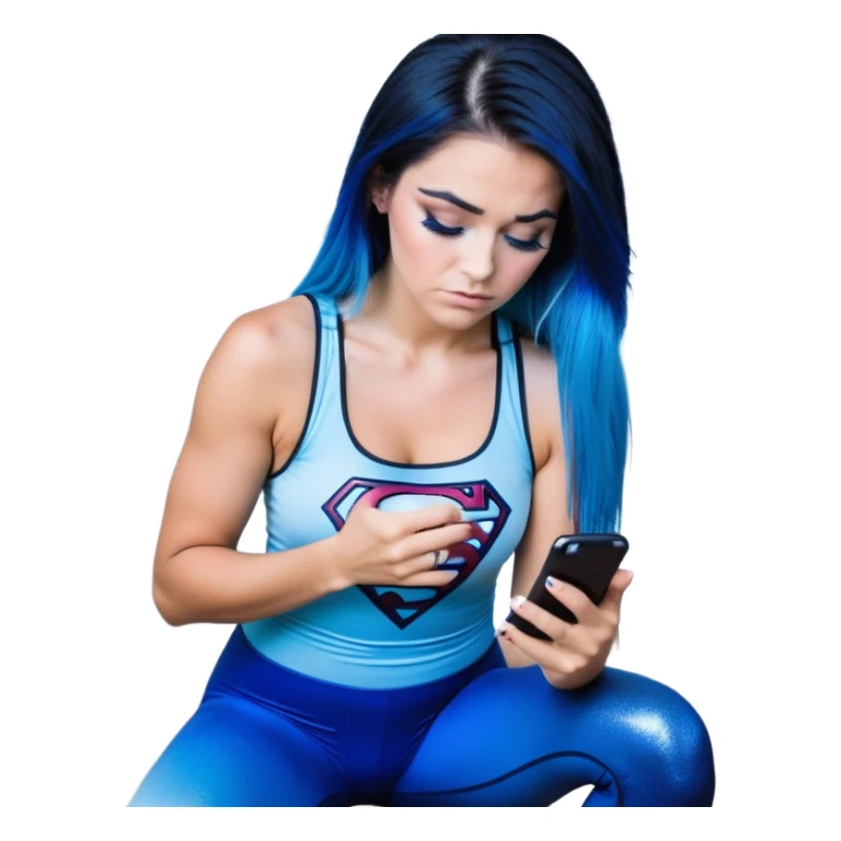Disapponted-big tears-head back texting on phone-very very large upper body-sexy face-bending forward at waist-very long very straight dark blue to light blue ombre hair-and-blue eyes-thick black eyeliner-long eyelashes-iridescent blue lowcut tanktop with black leggings with glitter superman logo sticker