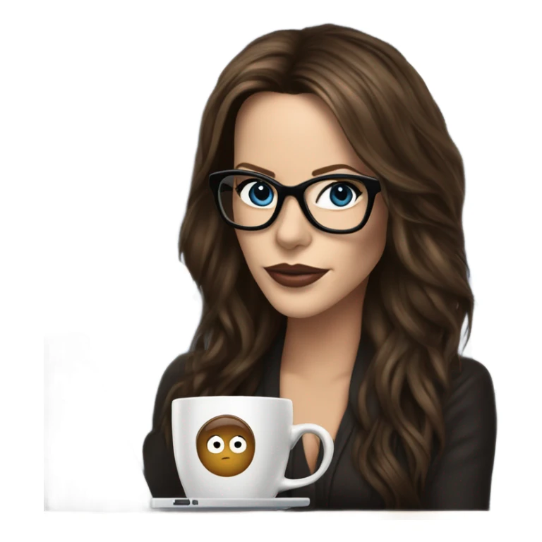 Hyper Realistic Kate Beckinsale dark blue eyes wearing glasses drinking coffee at a laptop  sticker