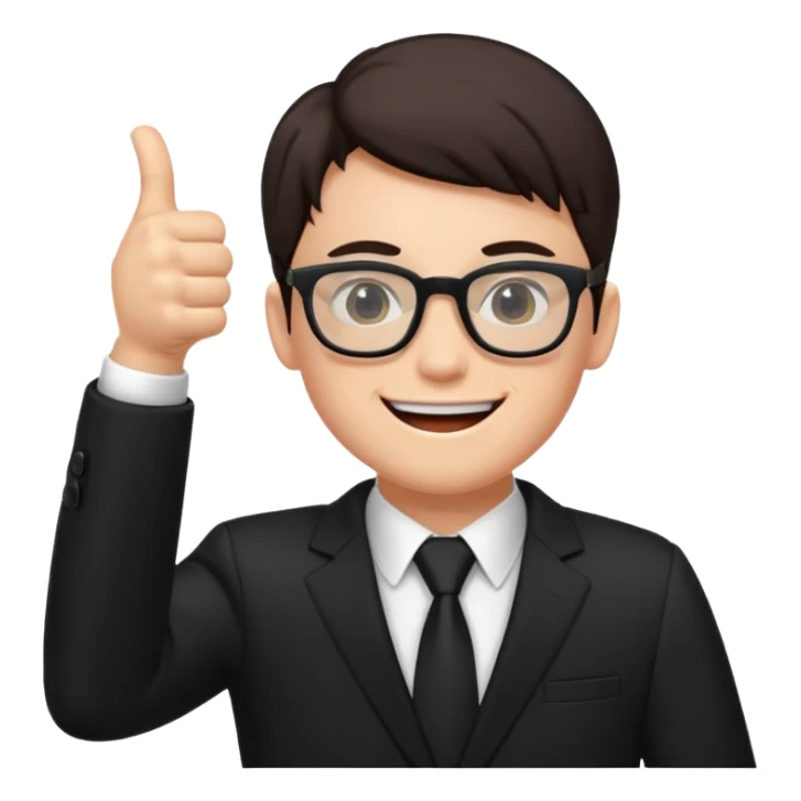 un estudiante con terno negro que este parado con sus lentes guiñando el ojo y CON LAS MANOS HACIA ARRIBA DANDO LIKE sticker