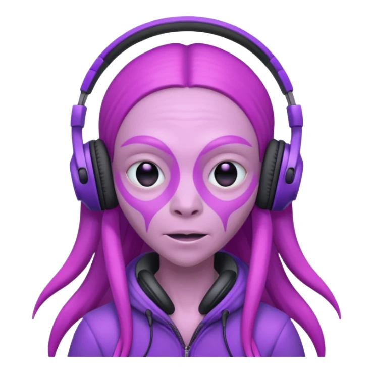headphone wearing pink alien, purple long haired sticker