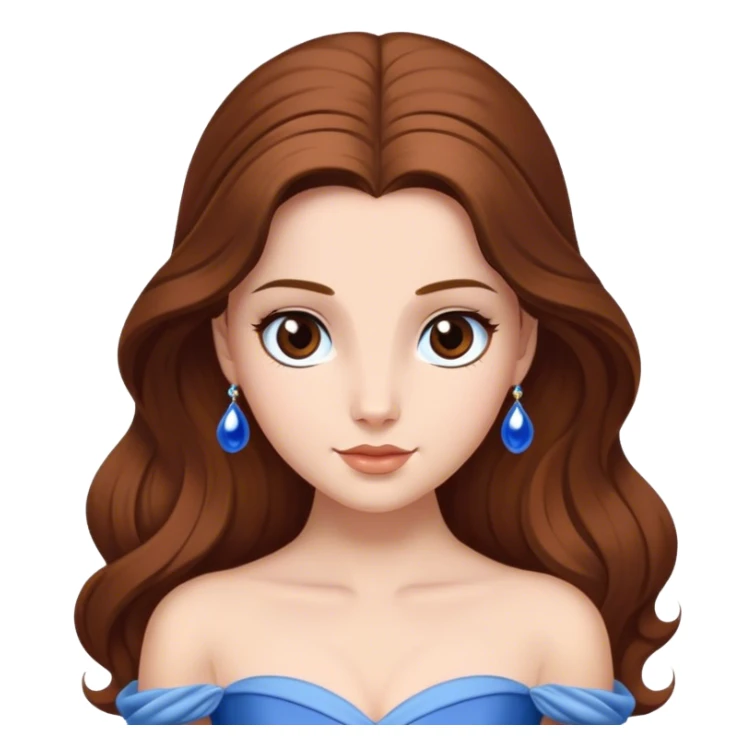 Cinematic Elegant Belle Portrait Emoji, rendered in a realistic, vector-style with minimal shading and bold, simplified shapes. Depict Belle (chest and above) with fair, luminous skin, deep brown expressive eyes, and long, flowing chestnut hair styled elegantly, wearing her classic blue ball gown. The image glows with a soft, warm radiance and high shine, capturing timeless refined beauty. sticker