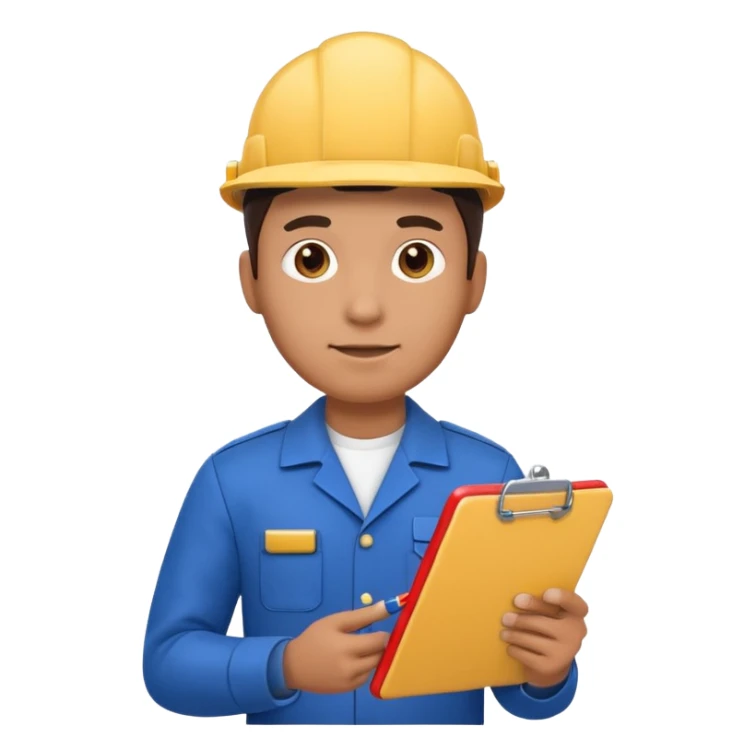 emoji of an electromechanical engineer man wearing blue uniform and holding a clipboard, apple emoji style, large size sticker