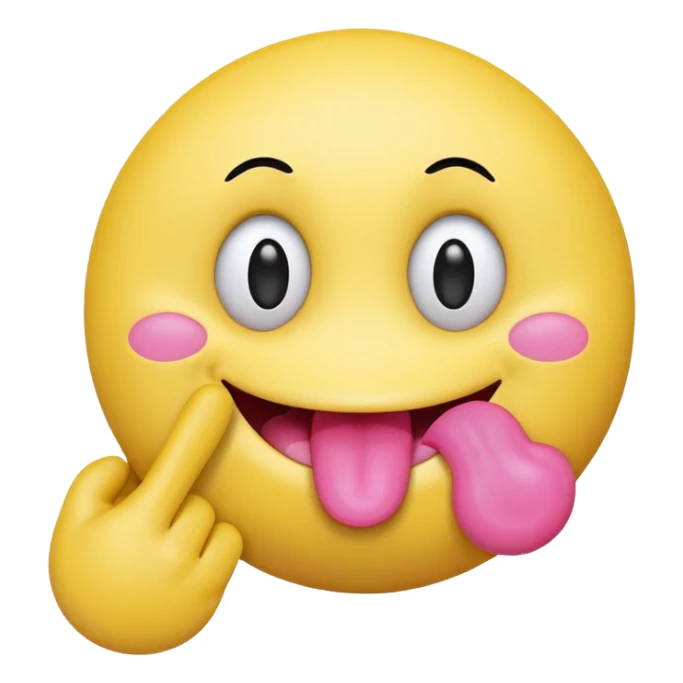 The image is a digital illustration of a yellow smiley face with big, round eyes and a big smile. The face is holding a pink tongue sticking out and making a 67 with its fingers. Above the face, The background is white. Like this but get rid of the text sticker