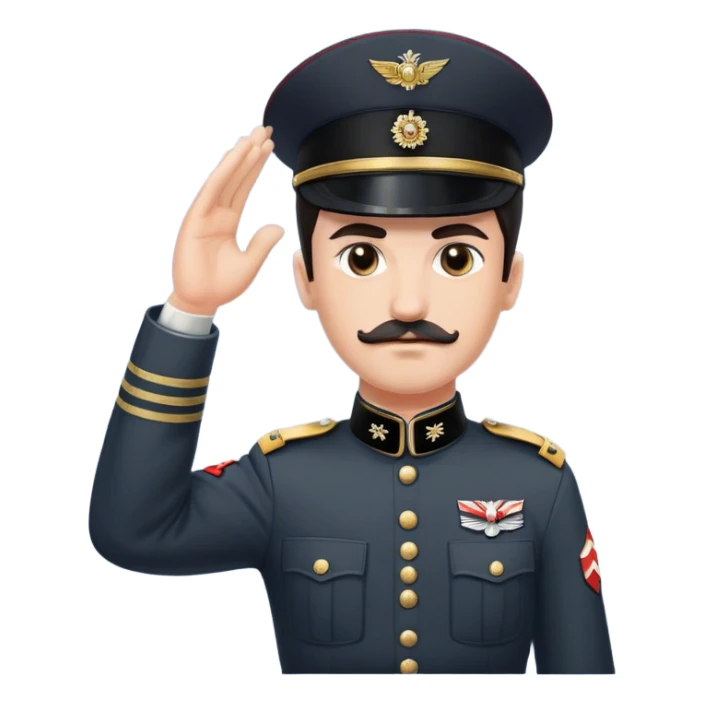 A man with a small mustache, parted dark hair, and a stern expression. He is wearing a military-style uniform with a high collar, a belt, and a swastika armband on his left arm. He raises his right arm in a rigid, extended salute. The background is a historical setting from the 1930s or 1940s. sticker