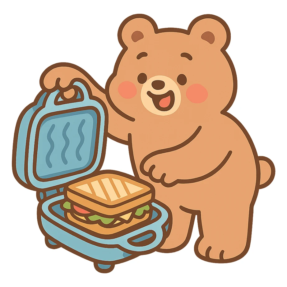 sandwich maker bear soft fluffy opening with cute sandwich inside creamy brown pastel, full-body sticker