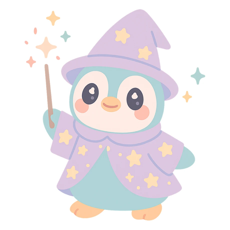 cartoon penguin wizard with starry robe, holding wand, magical sparkles around sticker