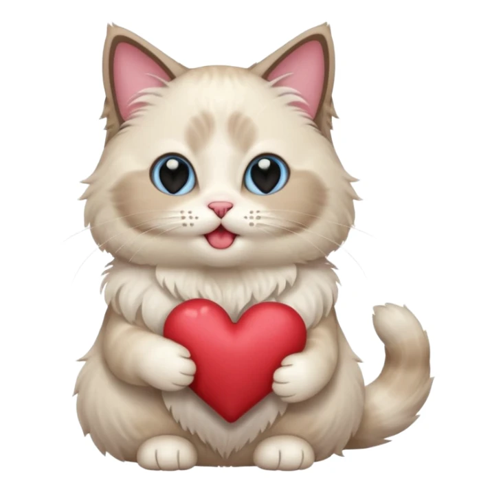 Full body ragdoll Cat holding a heart and mouth open, blush on cheeks sticker