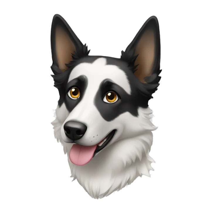 Black and white shepherd dog with one black eye sticker