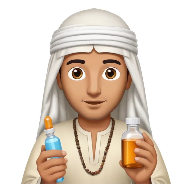 Arab man wearing traditional headdress holding medicine bottle or pill sticker