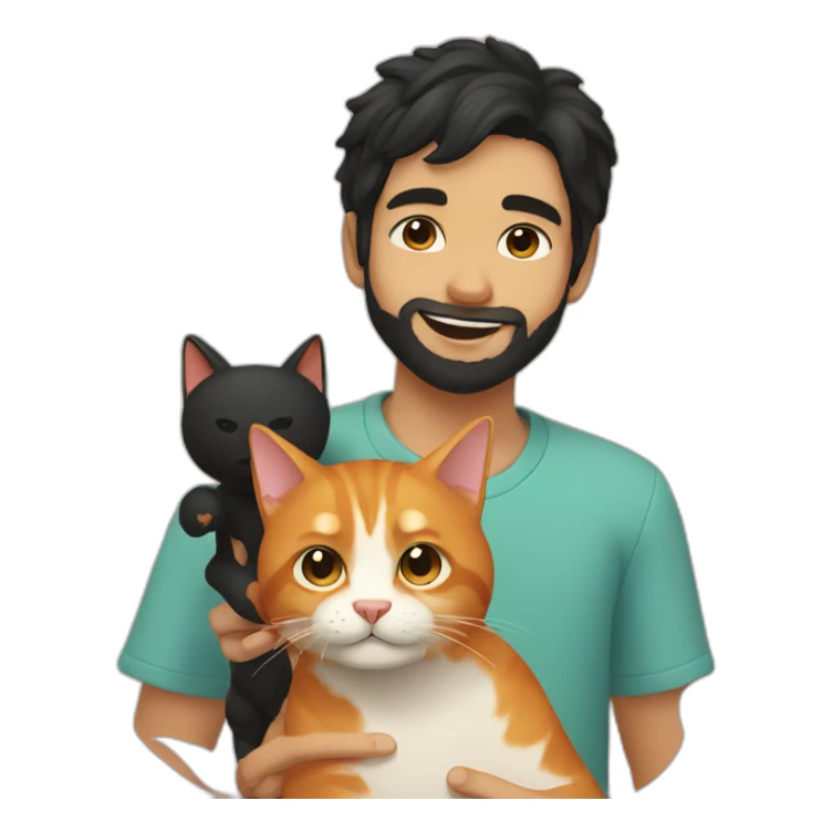 Boy with black hair and beard playing with ginger cat sticker