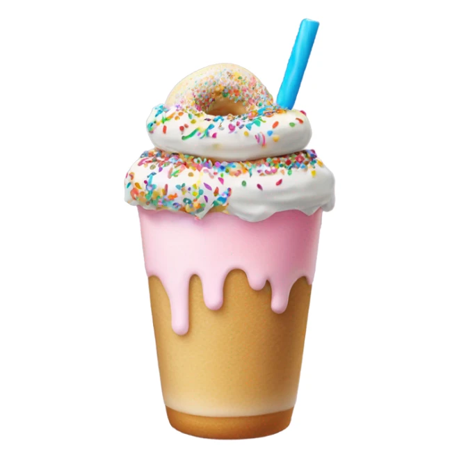 a birthday cake flavored milkshake topped with sprinkles, a donut hole, a sprinkle sugar cookie and a swirl lollipop sticker