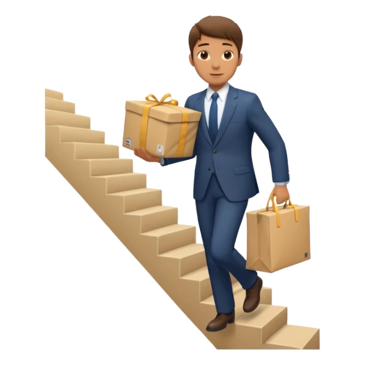 male figure with a large parcel ascending stairs, no text sticker