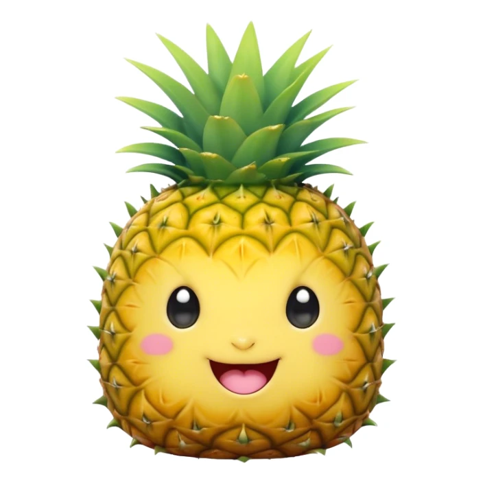 Cute Kawaii Pineapple, tiny and round, bright golden yellow with a spiky green top, chubby cheeks, playful winking expression, soft pastel textures, sweet and tropical vibes! sticker