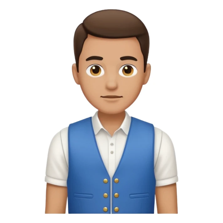 a man with a white shirt and a blue. vest sticker