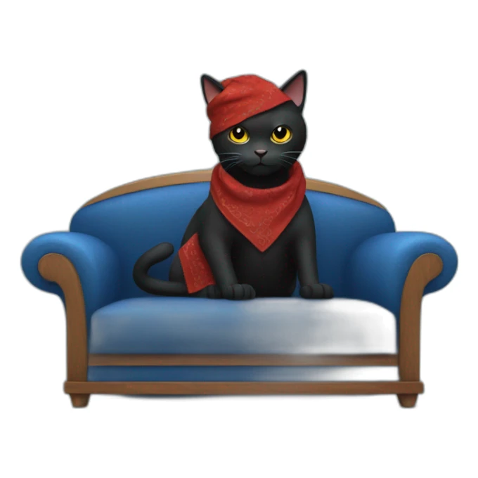 A black cat with a red bandana clawing at a blue sofa sticker