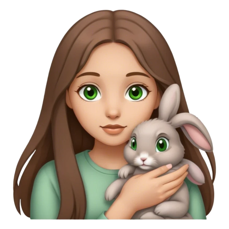 A grey, floppy eared bunny being held by a girl with long brown hair and green eyes. sticker