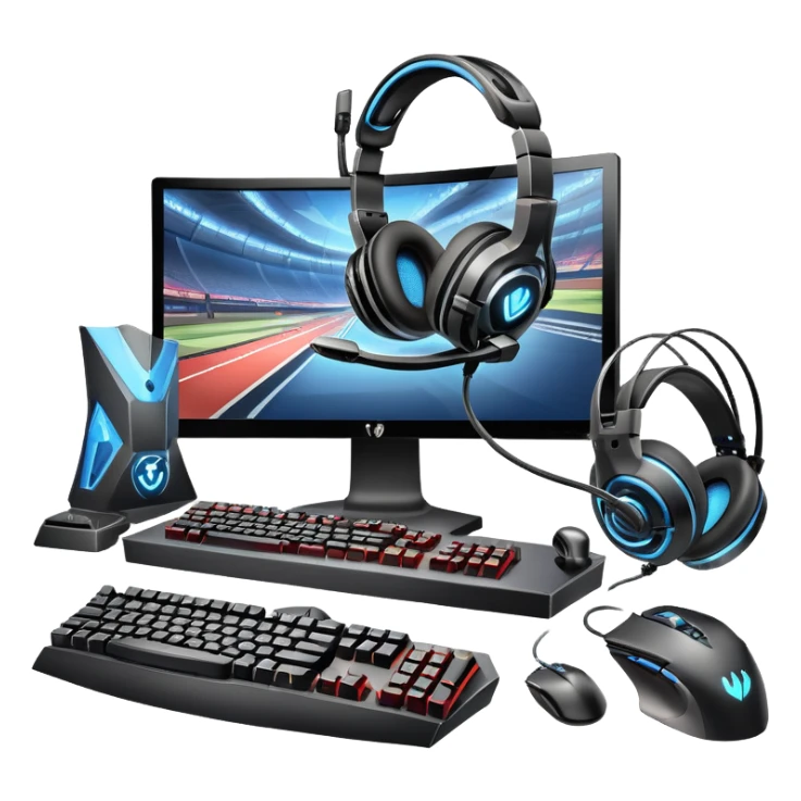 An icon featuring a gaming setup with a high-tech monitor displaying a competitive game, a keyboard, and a gaming mouse. The design includes a headset and a trophy, symbolizing victory and skill in esports. Transparent background highlights the energy and precision of professional gaming. sticker