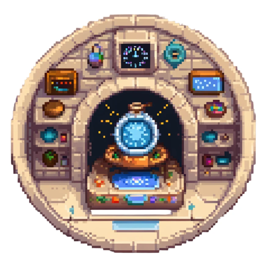 A transcendent baker manipulating timelines and alternate realities to bake. Ingredients phase in from other dimensions, and the oven warps space itself. UI is fragmented, shifting, and surreal—portals, time loops, and morphing recipe glyphs. sticker