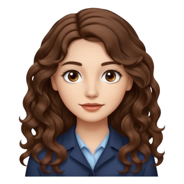 She has long, brown hair styled in soft wavy curls with a middle part. She has well-shaped eyebrows and dark brown eyes. She is wearing light makeup that highlights her natural beauty and is offering a slight smile to the camera.  sticker
