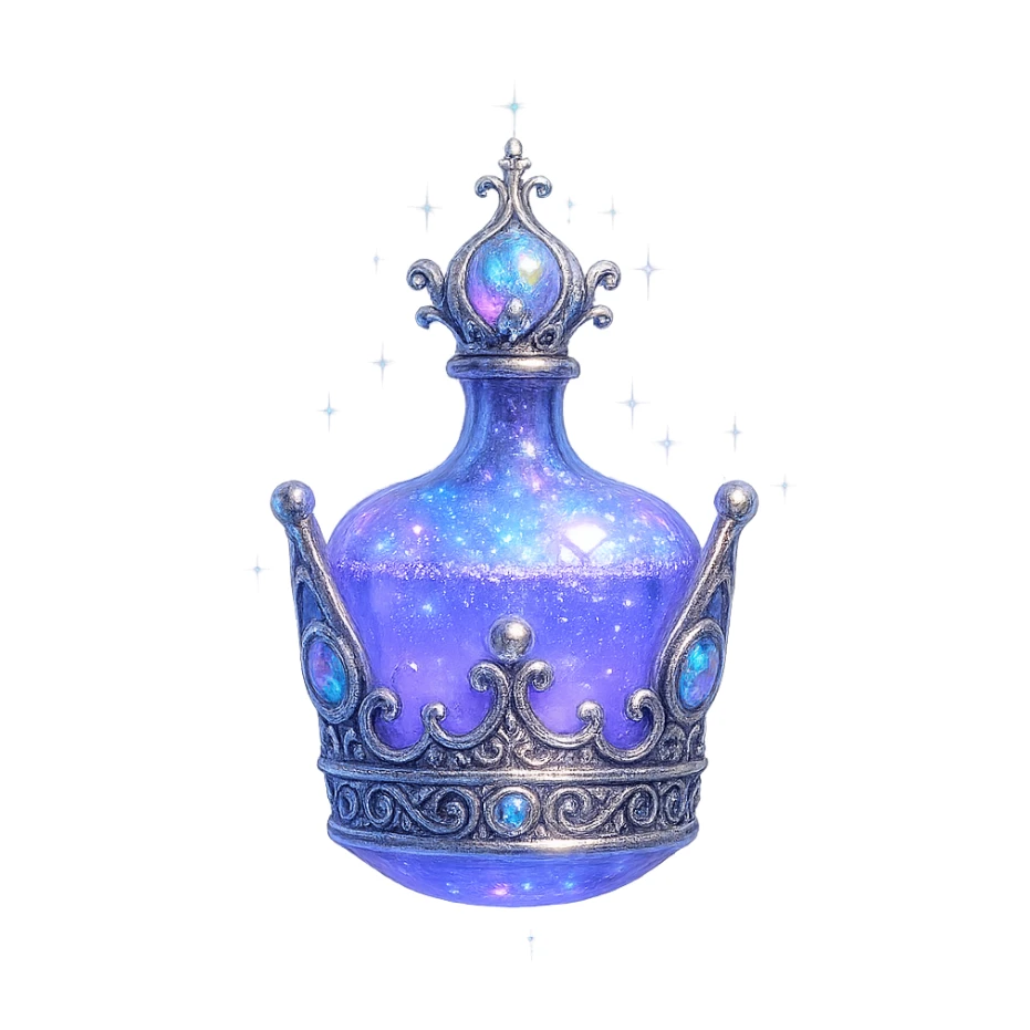 small luxurious crystal elixir bottle in crown shape, color #7986cb, ornate silver and iridescent details, maximum magical glowing and sparkling effects, very small neck, seamless bottom, bottle clearly floating in air, no base or shadow, modern, collection style sticker