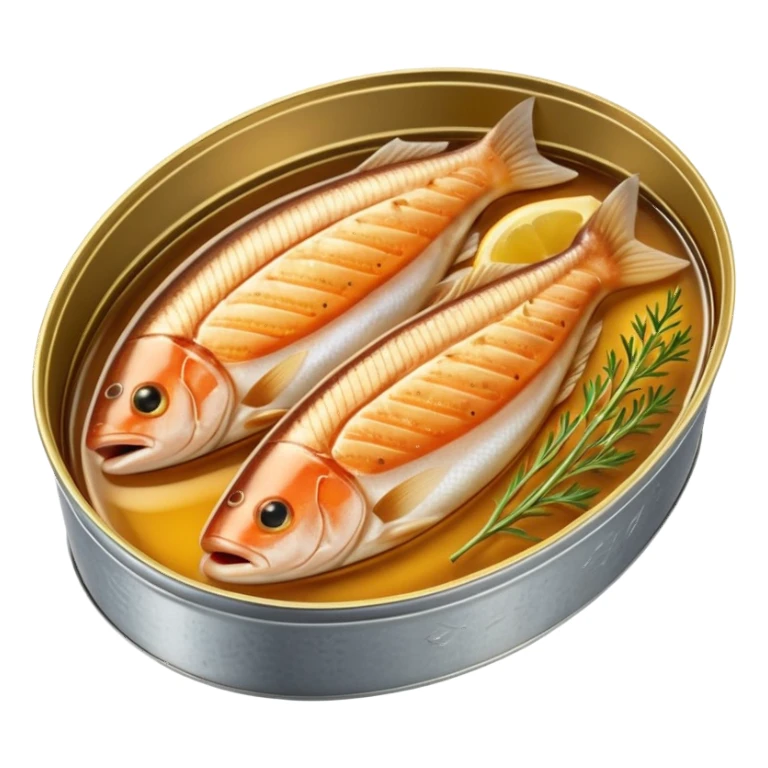 oval metal tin slightly open revealing firm light brown fish fillets packed in oil with soft sheen and visible grain shallow can with rolled edge typical of preserved fish packaging no fork herbs or label just opened tin and fish soft lighting subtle shadows emoji scale sticker