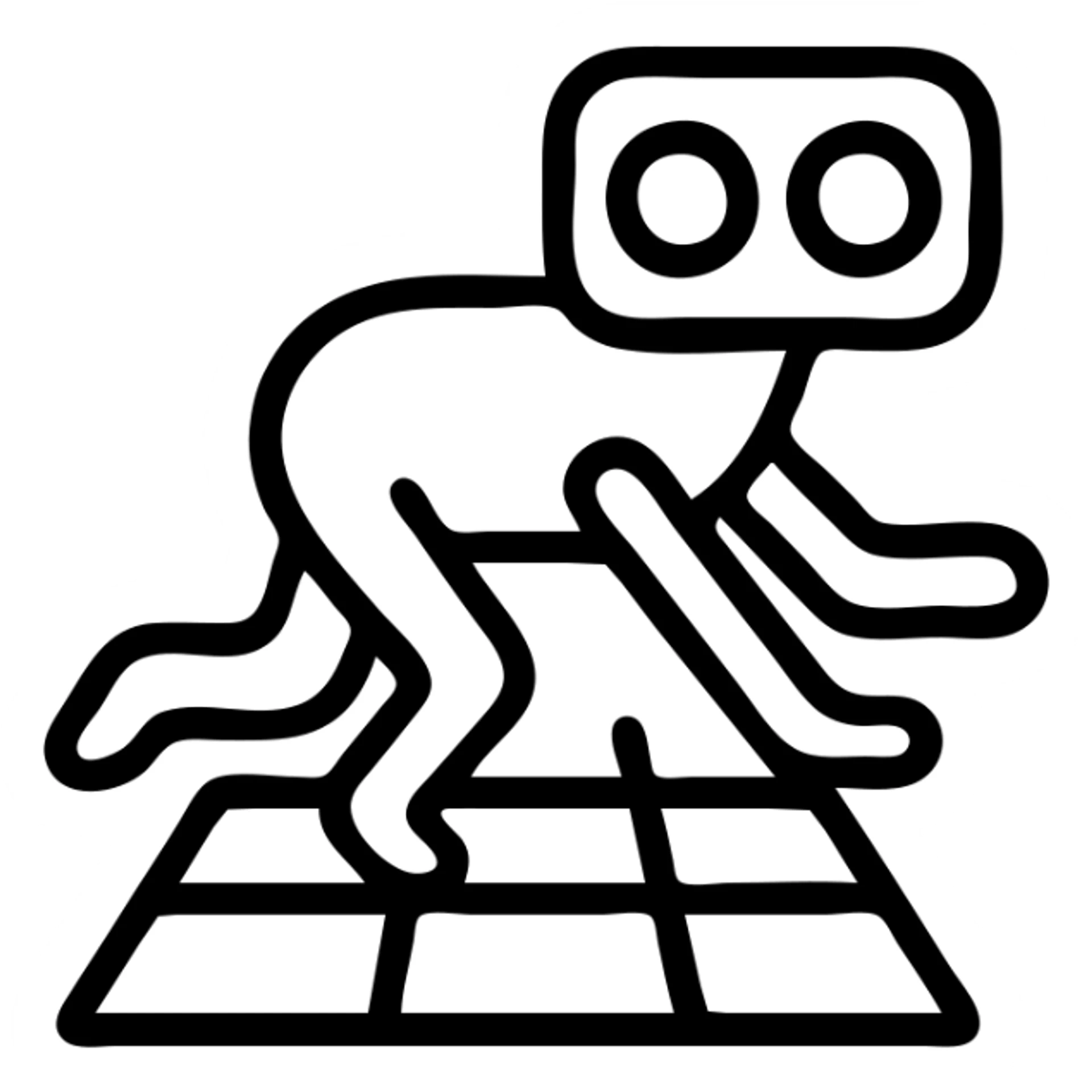 SEO robot crawler icon with robot having search light eyes, crawling motion, digital web grid background, minimalistic sticker