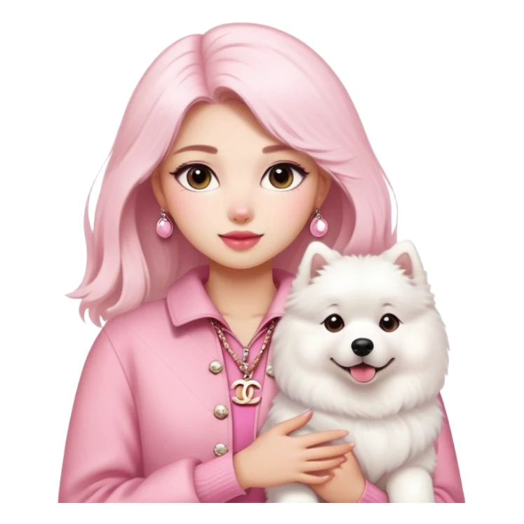 girl in pink Chanel-style outfit with white Samoyed dog sticker