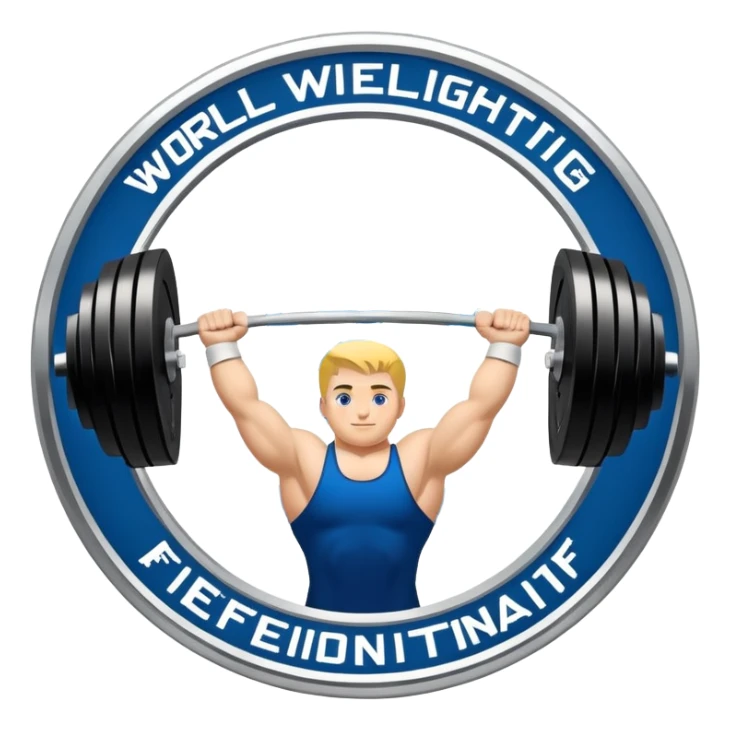 An emblem representing the World Weightlifting Federation with a stylized barbell and global elements. Bold text and clean lines symbolize strength, unity, and competition. Modern, dynamic design with a transparent background. sticker