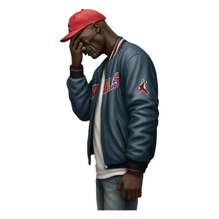 Michael Jordan in a jacket holds his head and is sad photorealistic serious sticker