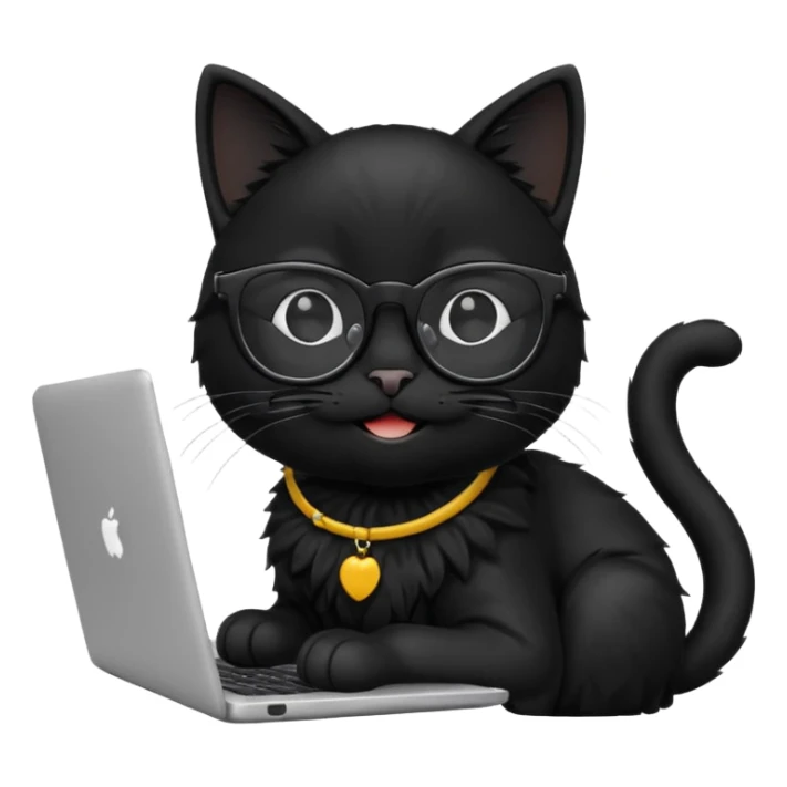 black cat smiling in glasses with laptop sticker
