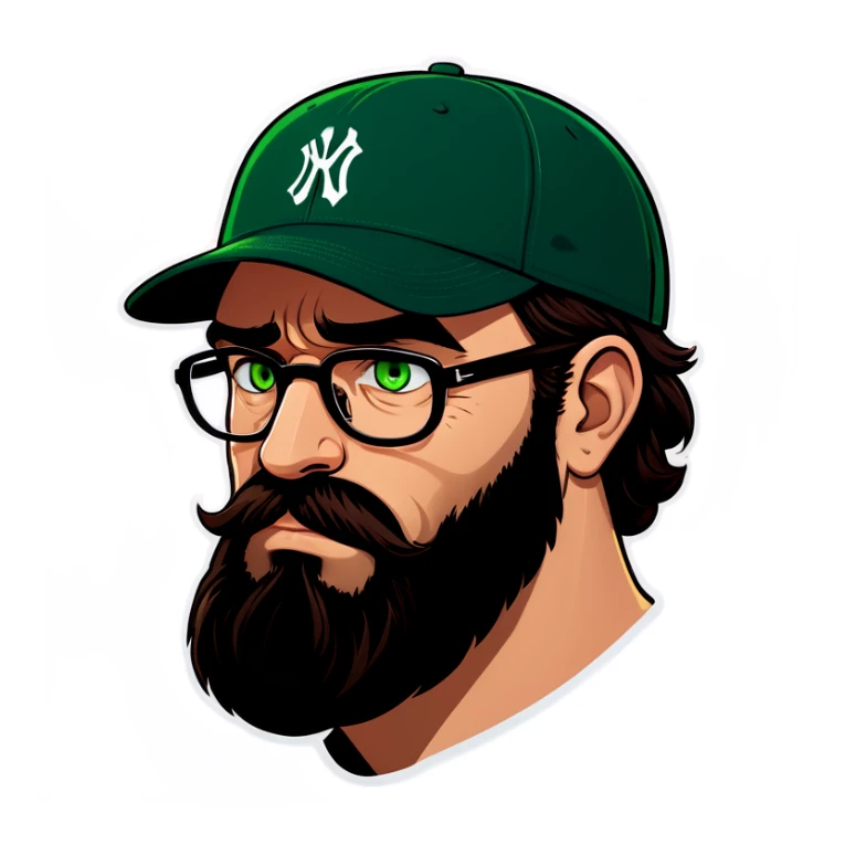 A man with a grey baseball cap, green eyes, big dark brown beard and glasses, facepalm sticker
