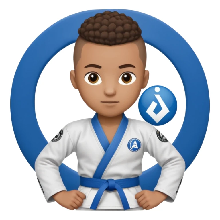 Mixed race boy BJJ instructor with pony tail afro hair and shaved bald sides haircut, Make the hair brown and the belt blue. Add the roger Gracie academy logo on the go also and the p logo of progress jiu jitsu on the right arm sleeve  at the top sticker
