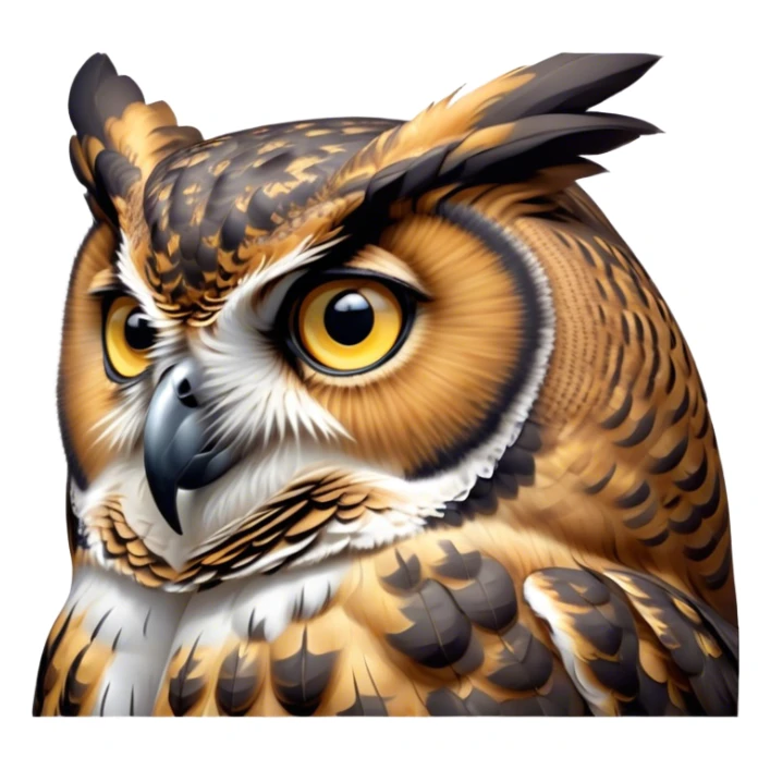 Cinematic Deep Thought Great Horned Owl Portrait Emoji, Head held high with a calm, reflective gaze, showcasing a beautifully mottled plumage and piercing golden eyes that seem to ponder the mysteries of the night, Simplified yet majestically refined features, highly detailed, glowing with a soft, contemplative light, high shine, poised and thoughtful, stylized with an air of profound introspection, capturing the essence of an owl deeply engaged in thought, so thoughtful it feels like it could silently share timeless secrets from beyond the screen! sticker