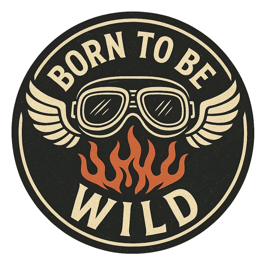 circular motorcycle cap design with transparent background, text 'Born to be wild', motif: motorcycle goggles, wing, flame, modern style sticker