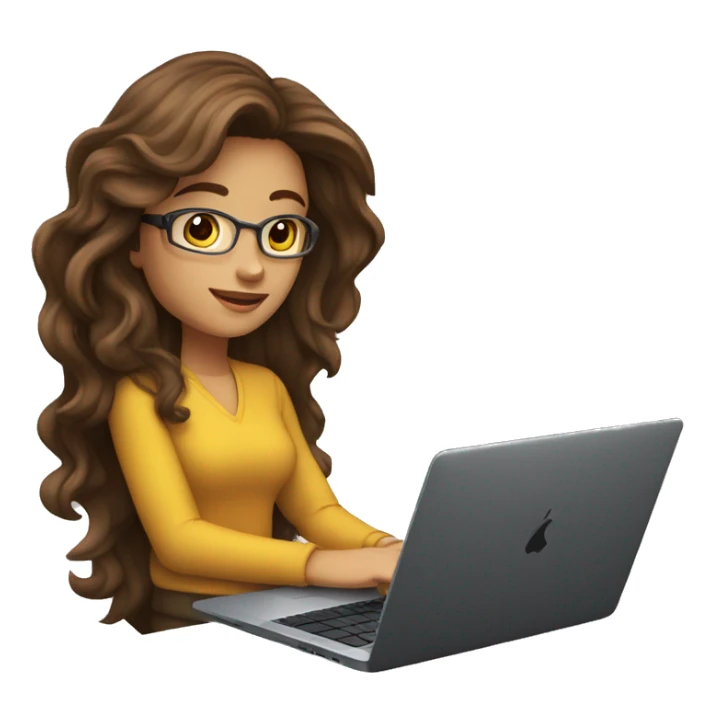 female coder with apple laptop in front of her, very long wavy brown hair, brown eyes, facing the right side looking at the laptop sticker