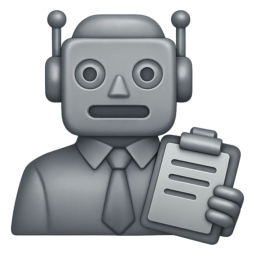 Make the recruiter robot emoji more masculine in a flat, metallic style similar to Apple emojis. The robot should be holding a clipboard. The background should be transparent. sticker