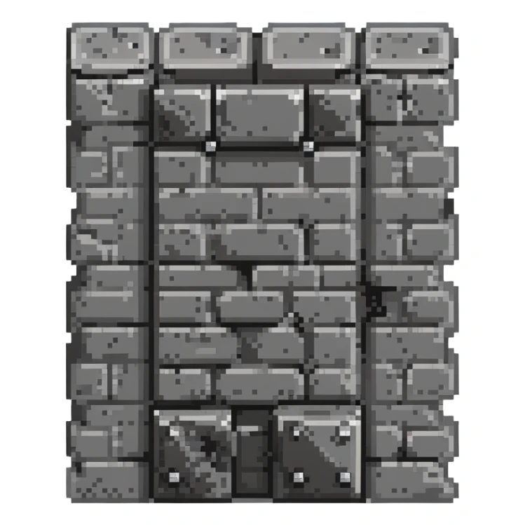 solid metal stone block wall with rivets and industrial details, dark gray with metallic highlights, 32x32 game asset sticker