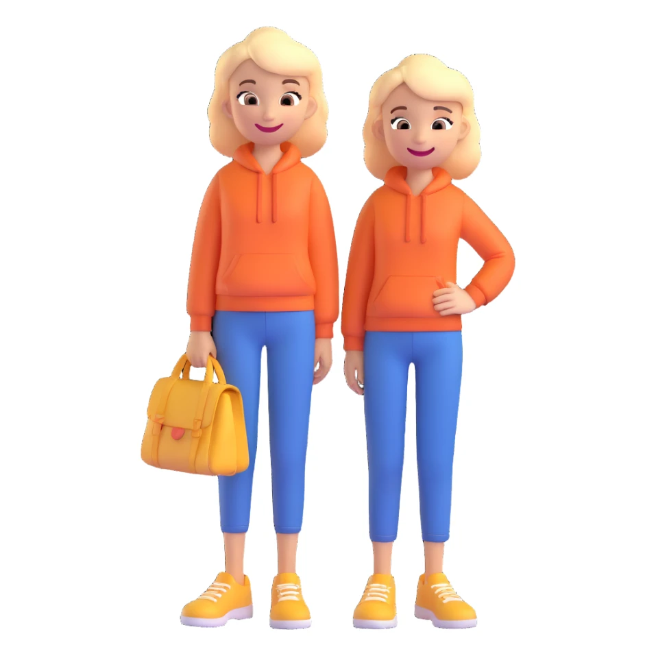 Two smiling cartoon-style characters standing close together, one slightly taller, cheerful expressions, matching clothes or colors, white background, emoji style sticker