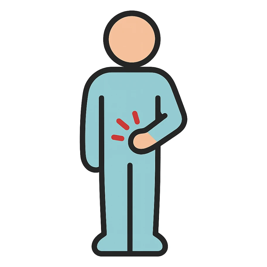 minimal gender-neutral human figure standing upright, one hand gently resting on lower abdomen, soft friendly style, no visible muscles, simple shapes, soft colors, subtle abdominal discomfort, clean vector illustration, no background sticker
