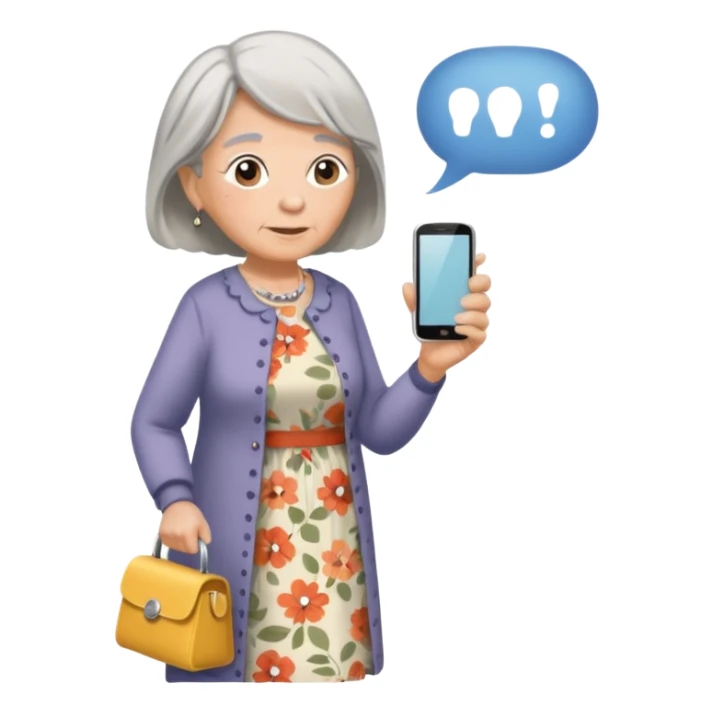 An old lady walking in a park holding a cell phone with a text bubble that says Have you checked in to the meetup? sticker
